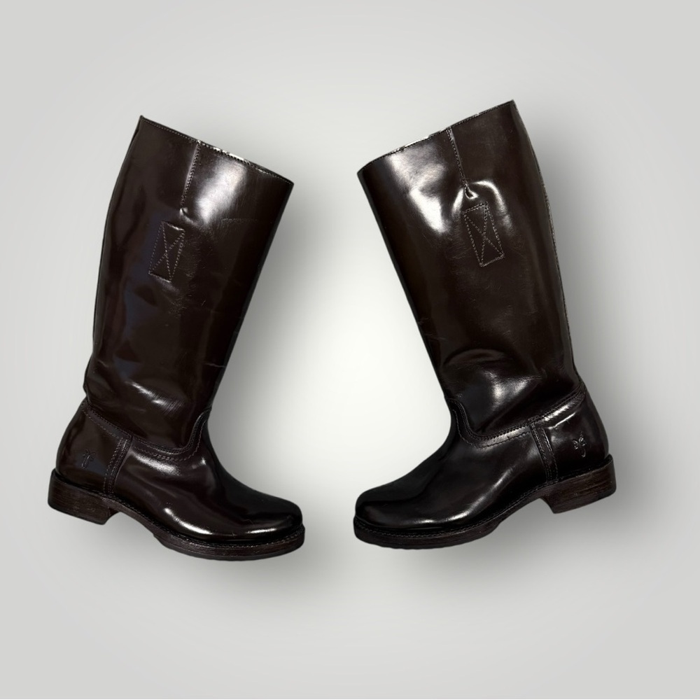 Rare Frye Patent Leather Boots genuine shearling lining Brown Sz 6‎